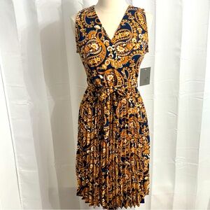 Lark & Grey Sleeveless V-Neck Pleated Skirt Dress, Tie Belt, Midi, Paisley, Sz S